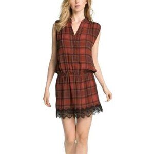 Haute Hippie Silk Plaid Drop Waist Lace Button Up Dress Red Size XS